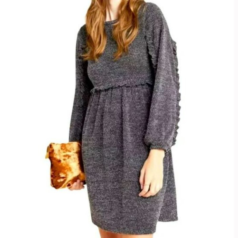 Anthropologie | RO&DE Babydoll Ruffle Long Sleeve Grey Sweater Dress | Medium